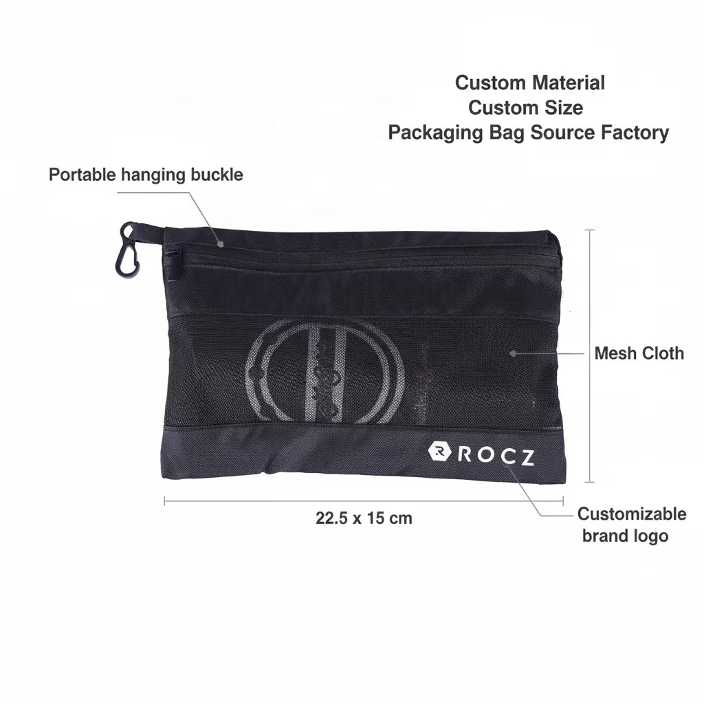 OEM ODM Portable Reusable Black Polyester Sports Gear Mesh Storage Bag Zipper Gift Packaging Fabric Net Pouch for Custom