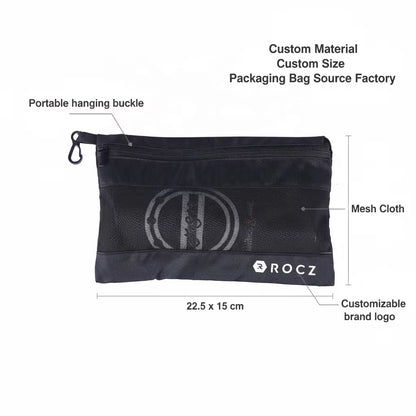 OEM ODM Portable Reusable Black Polyester Sports Gear Mesh Storage Bag Zipper Gift Packaging Fabric Net Pouch for Custom